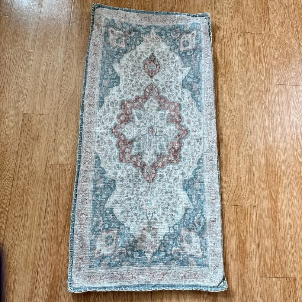 Vintage Turkish Kilim Style Medallion Lumbar Pillow Cover Blue Rose Boho